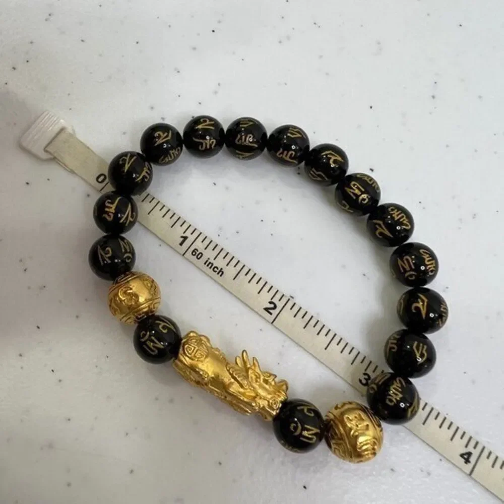 Pixiu Feng Shui Abundance Protection Bracelet Gold Letters Black Bead Stretch Us
